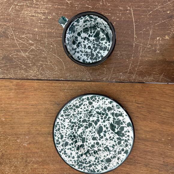 Vintage Reproduction White Green Child Size Granite Enamel Ware Tea cup & saucer - Picture 8 of 11